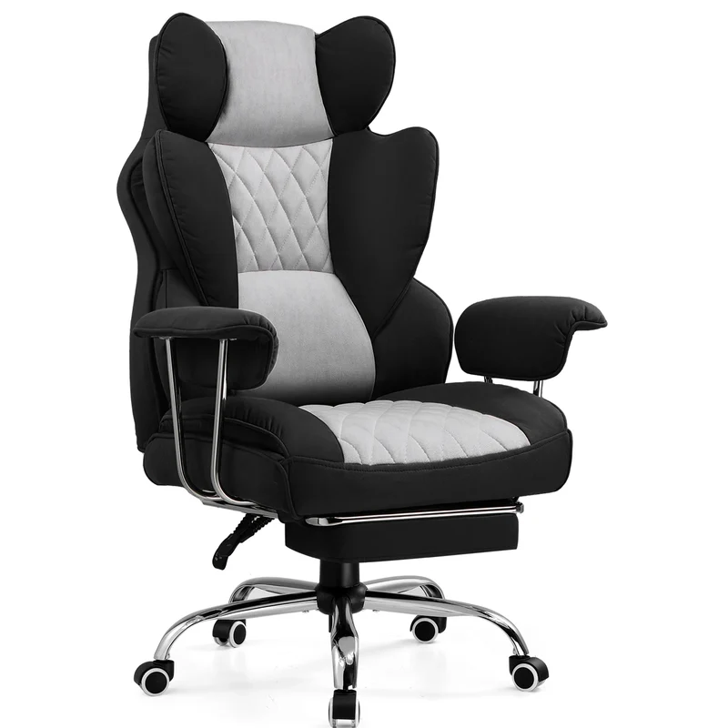 Ergonomische Bureaustoel - Gaming Stoel - Bureaustoelen Stoelen - met Pocketvering Rugsteun -Verstelbare Voetsteun - Comfortabele Brede Zitting - 90-135° Kanteling - met Armleuningen en Wieltjes - Grijs-zwart - Stof