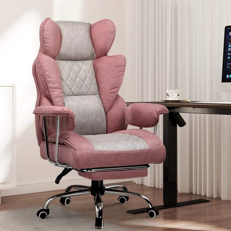Ergonomische Bureaustoel - Gaming Stoel - Bureaustoelen Stoelen - met Pocketvering Rugsteun -Verstelbare Voetsteun - Comfortabele Brede Zitting - 90-135° Kanteling - met Armleuningen en Wieltjes - Grijs-roze - Stof
