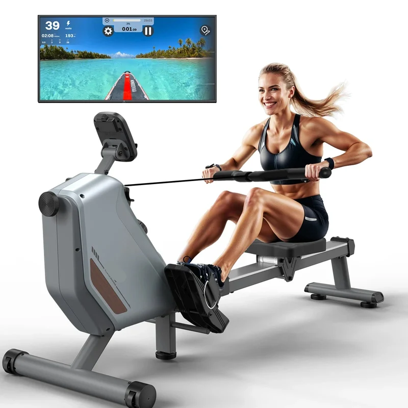 Roeimachine - Magnetische Roeitrainer - Roeiapparaat - Opvouwbare - met 16 Weerstandsniveaus - Bluetooth Connectie - LCD Display - 300N Weerstand - Max 150kg - Ergonomisch Ontwerp - Stil en Compact - Grijs