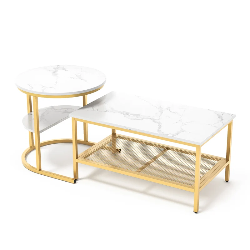 Salontafel - Kleine Tafel - Eindtafels - Woonkamer - Moderne Nest Salontafel - Marmeren Fineer - Gouden Frame
