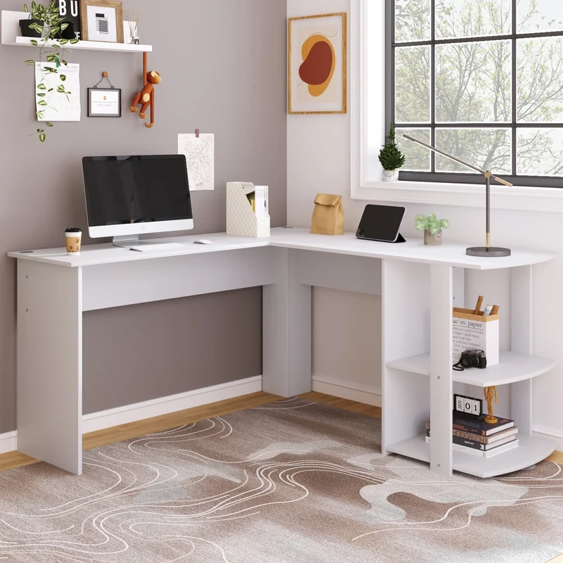 Hoekbureau - Bureau - Game Bureau - Moderne L-vormige Computertafel - Gaming Bureau - Desk met 2 Planken – Wit Frame/Zwart