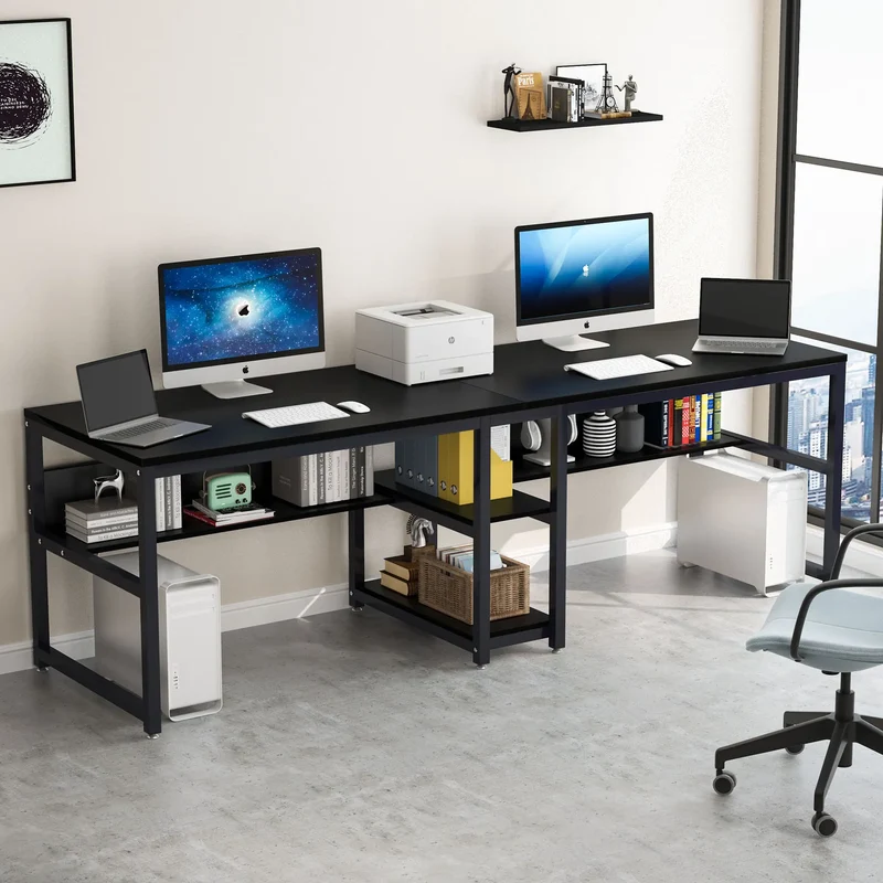 Bureau - Bureautafel - Game Bureau - 78.7" - Dubbele Computertafel - met Boekenplank - Werkstation voor Twee Personen – Ruime Kantoor- & Studiotafel - Zwart