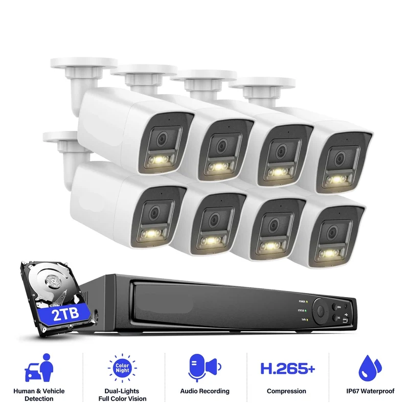 Beveiligingscamera's - Camerabewaking - CCTV Camerasysteem - Waterdichte - 12MP - Slimme Dual-Light Technologie - 8CH NVR - Kleur- & IR Nachtzicht – Geïntegreerde HDD van 1TB