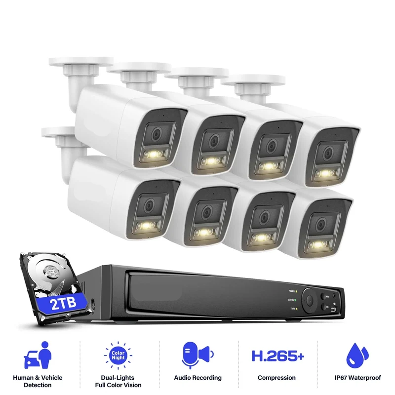 Beveiligingscamera's - Camerabewaking - CCTV Camerasysteem - Waterdichte - 12MP - Slimme Dual-Light Technologie - 8CH NVR - Kleur- & IR Nachtzicht – Geïntegreerde HDD van 2TB