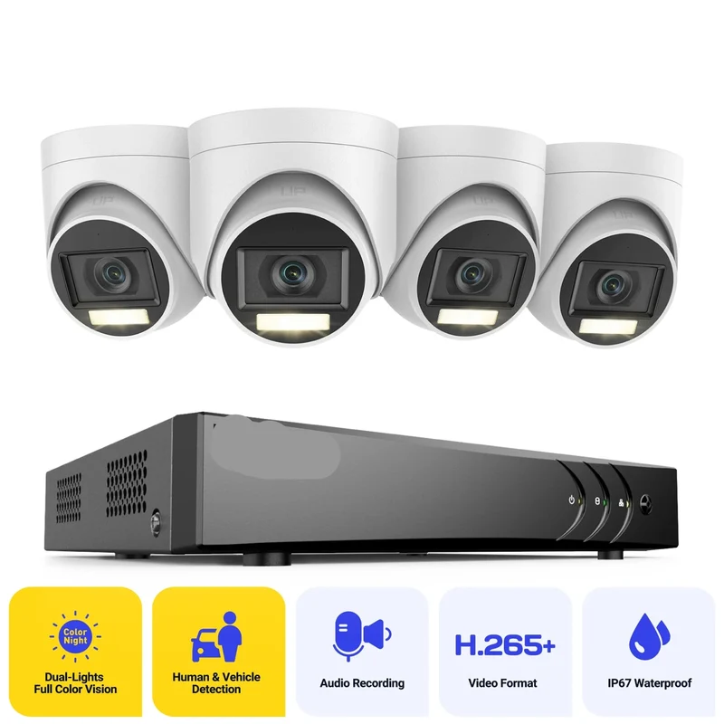 Beveiligingscamera's - Camerabewaking - CCTV Camerasysteem - Waterdichte - 5MP Resolutie - 8-Kanaals DVR & PIR Detectie - 4 Stuks Dome Camera’s - Geïntegreerde HDD van 4 TB