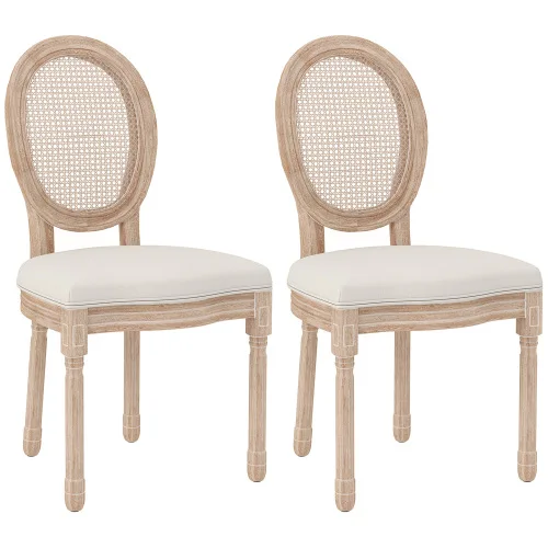 Eetkamerstoelen – Stoelen – Set Van 2 – Linnen Stoelen – Rotan Rugleuning – Massief Rubberhout – Verstelbare Voetkussens - 48 x 57 x 96 cm - Crèmewit