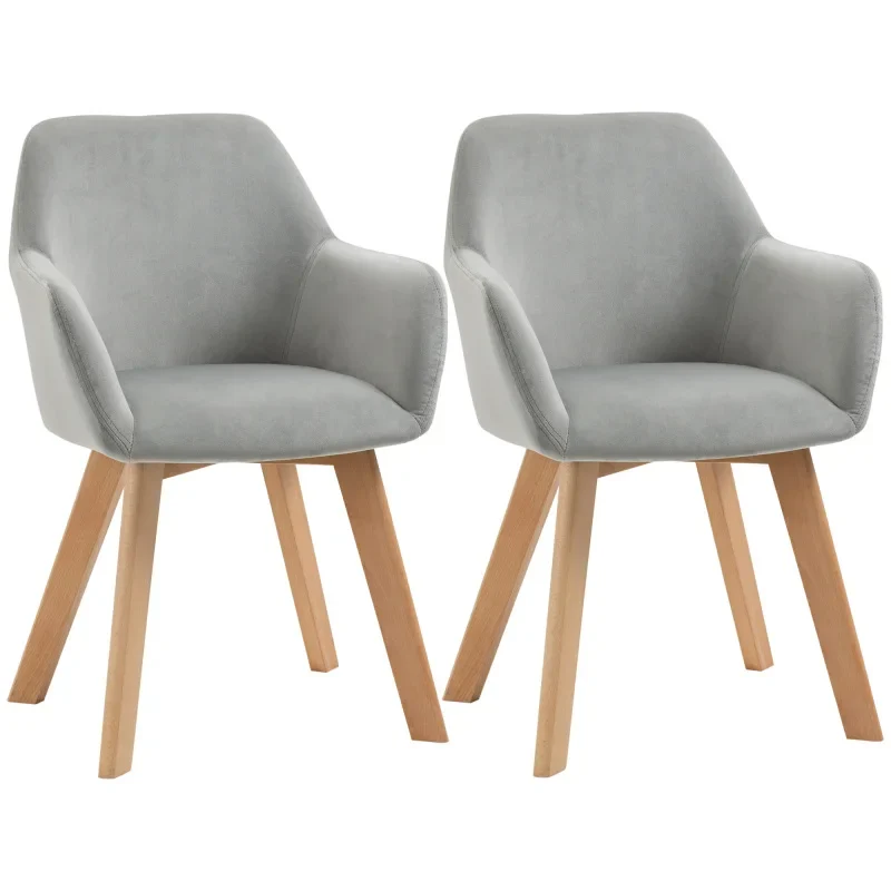 Eetkamerstoelen – Keukenstoelen - Stoelen Met Armleuningen – Bureaustoelen – Fluwelen Stoelen – Ergonomisch Ontwerp – Houten Pootjes - 54 x 57 x 80 cm - Grijs