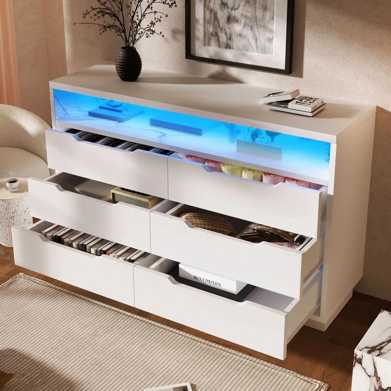 Ladenkast – Ladekast – Kast Met Laden – Opbergkast – Moderne Marmerlook – 6 Laden – LED-Verlichting