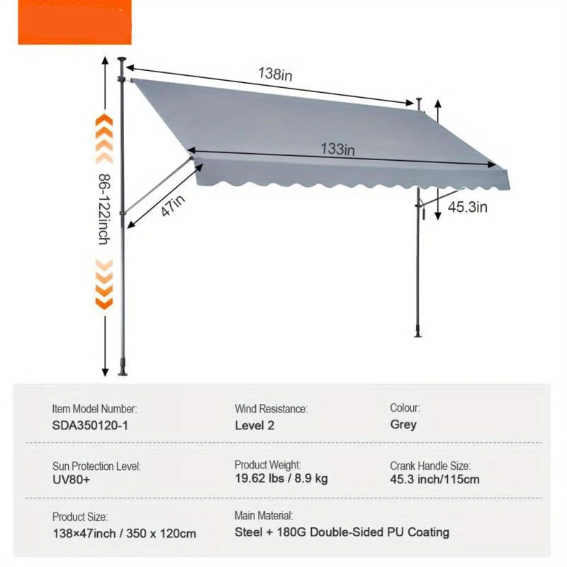 Zonwering – Luifel - Verstelbare Zonnescherm – Buitenluifel – Schaduwdoek – Terraszonwering – 350x120 Cm – Stevige Constructie