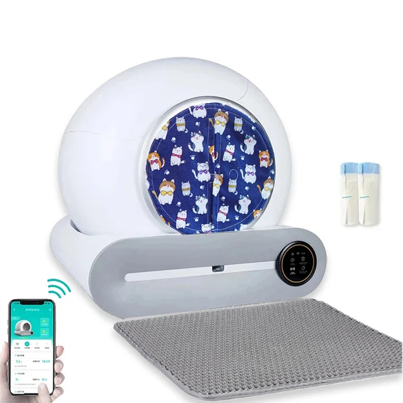 Automatische Zelfreinigende Kattenbak – Slimme Kattenbak – Zelfreinigende Bak – Grote Kattenbak – Voor Meerdere Katten – 65L Binnenruimte – 9L Opvanglade - met Pad & Gordijnset