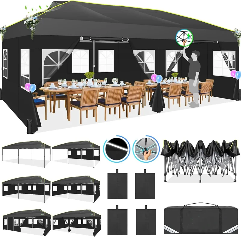Pop-Up Tent – Partytent – Tuin Tent – Markt Tent – Waterdicht 210D Oxford Polyester – Verstelbare Hoogte – UPF 50+ Zonbescherming - Zwart