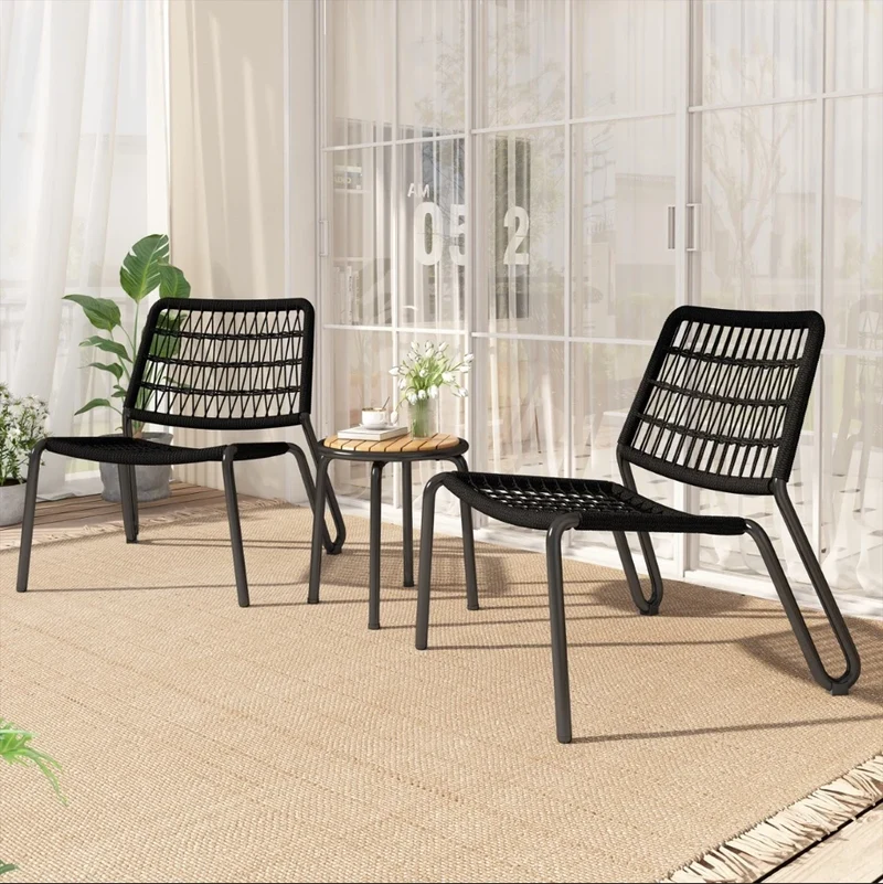 MERAX Bistro Set 3-TLG. -Galvanized steel balcony furniture & hand-braided rope, solid wood table, chairs 160 kg load capacity
