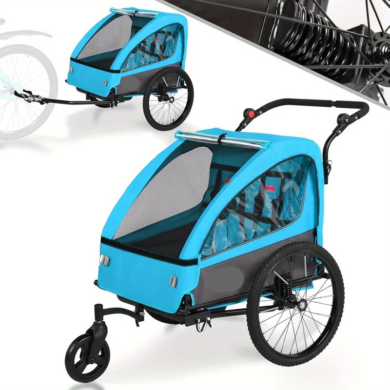 Kinderfietsaanhanger – Jogger Stroller – Fietskar – Duo Buggy – Loopwagen – 360° Draaibare Wielen – 5-Punts Veiligheidsgordel – Ventilerend Mesh Design – Lichtgewicht Frame – Blauw