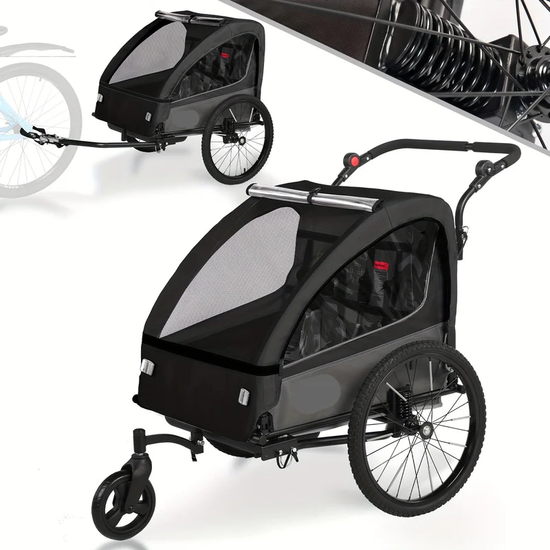 Kinderfietskar – Fietstrailer – Joggingwagen – Kinderwagen – Boodschappenkar – 2-in-1 Fiets- en Joggerfunctie – 5-Punts Veiligheidsgordel – Max 40 kg – Zwart