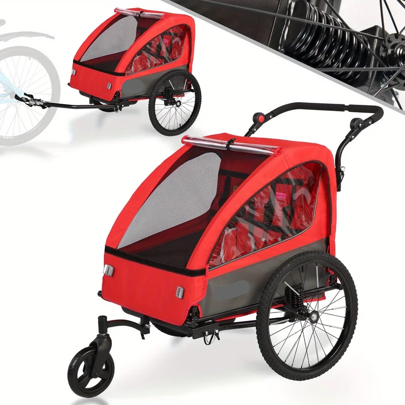Kinderfietskar – Fietskar – 2-in-1 Jogger – Wandelwagen – Kinderwagen – 360° Draaibaar Wieltje – Vering & 5-Punts Veiligheidsgordel – Rood