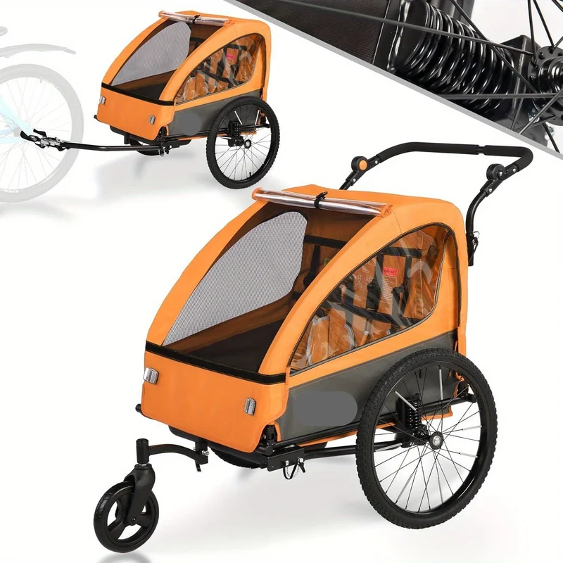Kinderfietsaanhanger – Fietskar – Jogger – Boodschappenwagen – Kinderwagen – 360° Draaibare Wielen – 5-Punts Veiligheidsharnas – Oranje