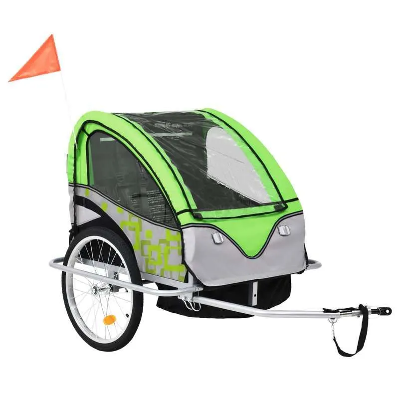 Fietsaanhanger – Kinderwagen – Buggy – Transportwagen – Fietstrailer – 2-in-1 Design Groen Grijs – Roestvrij Stalen Frame – Grote Wielen
