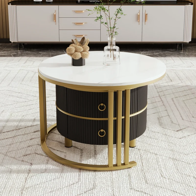 Salontafel - Set Van 2 Bijzettafels – Opbergtafel – Nachtkastje – Moderne Tafels – Marmerpatroon – Gouden Frame - Zwart