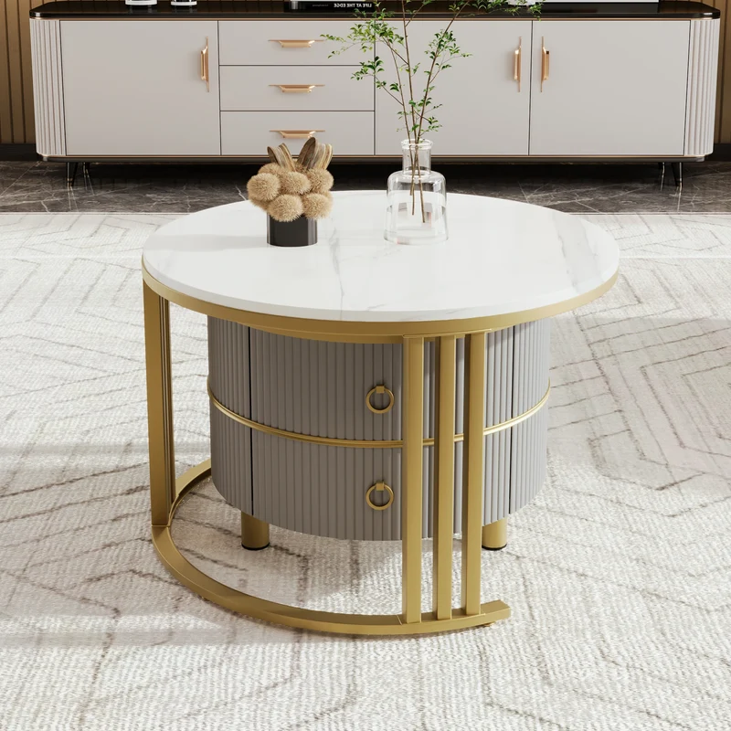 Salontafel - Set Van 2 Bijzettafels – Opbergtafel – Nachtkastje – Moderne Tafels – Marmerpatroon – Gouden Frame - Grijs