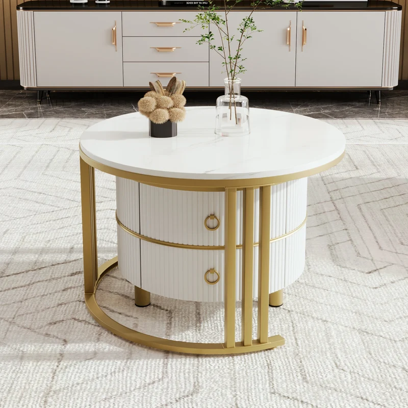 Salontafel - Set Van 2 Bijzettafels – Opbergtafel – Nachtkastje – Moderne Tafels – Marmerpatroon – Gouden Frame - Wit