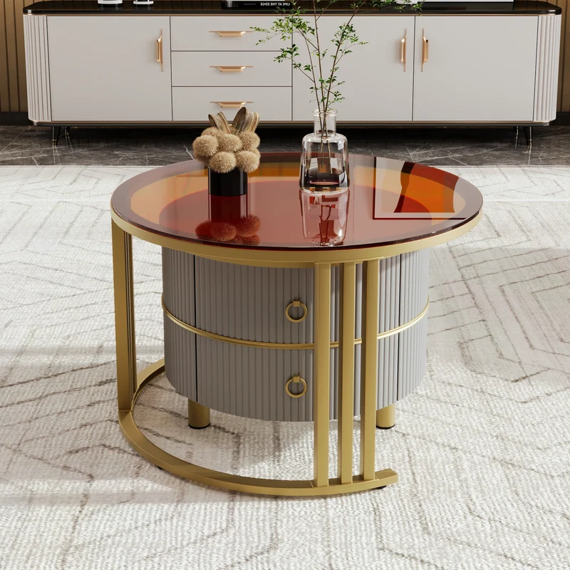 Salontafel – Bijzettafel – Woonkamertafel – 2-in-1 Tafel – MDF En Dennenhout – Glazen Blad – Opberglade - Grijs