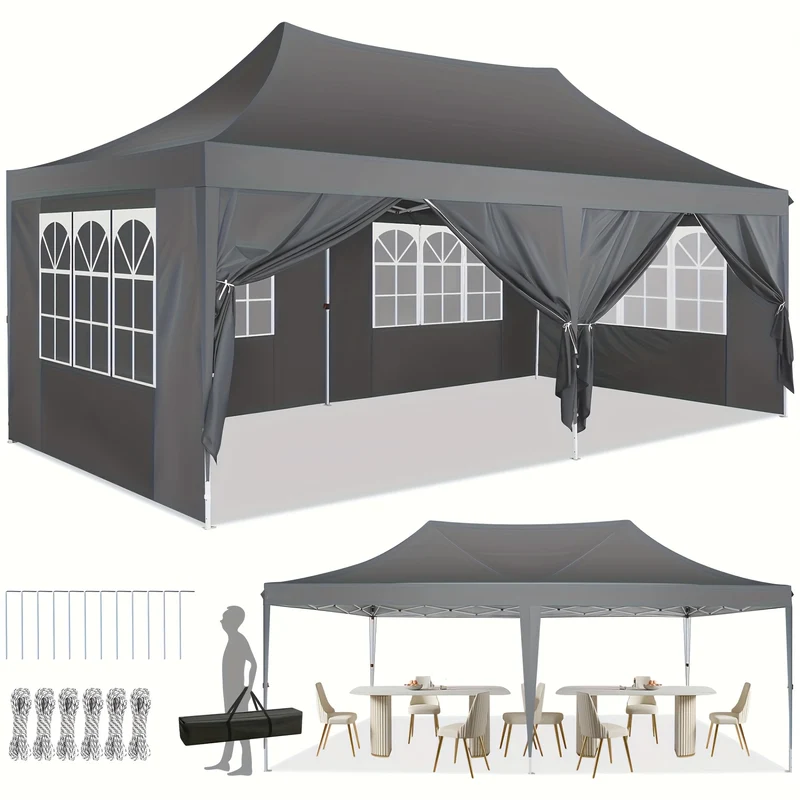 Pop-up Tent – Vouwtent – Opzettent – Partytent – Vouwgazebo – Grijs – 3.05x6.1 Meter – Hoogwaardig Oxford Doek – 6 Afneembare Zijwanden