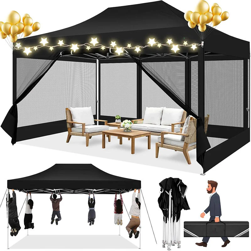 Pop-up Tent – Campingtent – Partytent – Tuinent – Evenemententent – Zwart – 3,05x4,57 Meter – Afneembare Mesh Zijwanden