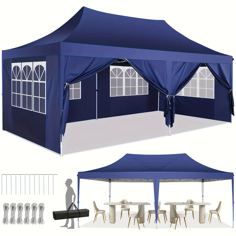 Pop-up Tent – Vouwtent – Partytent – Kampementstent – Tuinent – Diepblauw – 3,05x6,1 Meter – Hoogwaardig Oxford Doek – 6 Afneembare Zijwanden