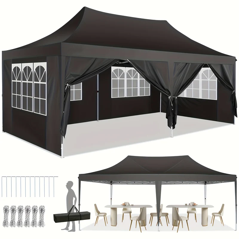 Pop-up Tent – Vouwtent – Partytent – Tuinpavilion – Gazebo – Zwart – 3,05x6,1 Meter – Hoogwaardig Oxford Doek – Verstelbare Hexagonale Metaalframe