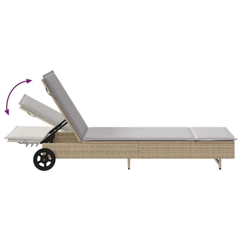 Ligstoel – Ligbed – Relaxstoel – Tuinstoel – Poly Rattan – Verstelbare Rugleuning – Wieltjes Met Kussen