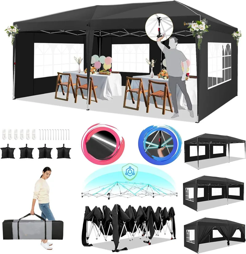 Pop-Up Partytent – Pop-Up Tent – Gazebo – Evenemententent – Feesttent – Waterdichte Oxford-Kap – 3x6 Meter – Met 6 Afneembare Zijwanden - Zwart