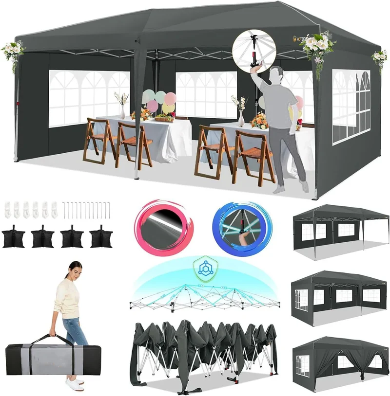 Pop-Up Partytent – Pop-Up Tent – Gazebo – Evenemententent – Feesttent – Waterdichte Oxford-Kap – 3x6 Meter – Met 6 Afneembare Zijwanden - Grijs