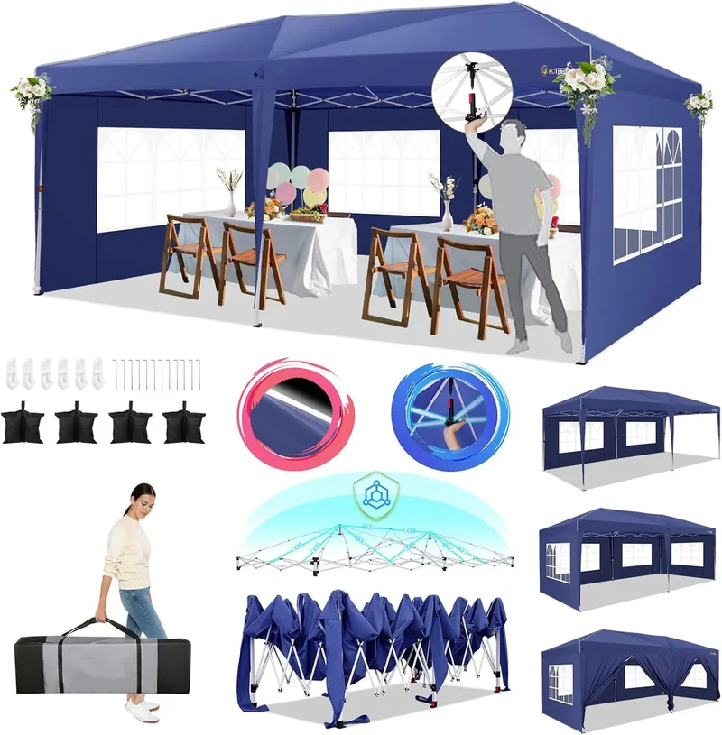 Pop-Up Partytent – Pop-Up Tent – Gazebo – Evenemententent – Feesttent – Waterdichte Oxford-Kap – 3x6 Meter – Met 6 Afneembare Zijwanden - Marineblauw