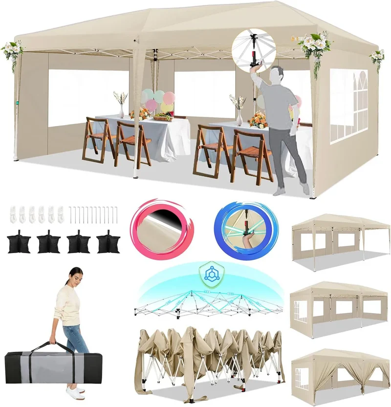 Pop-Up Partytent – Pop-Up Tent – Gazebo – Evenemententent – Feesttent – Waterdichte Oxford-Kap – 3x6 Meter – Met 6 Afneembare Zijwanden - Khaki