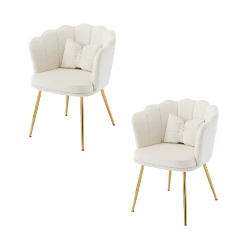 Eetkamerstoelen – Set van 2 - Velours Stoel – Lounge Stoel – Fluwelen Fauteuil – Design Fauteuil – Bloembladdesign – Ergonomisch Zitcomfort – Vergulde Metalen Poten - Wit