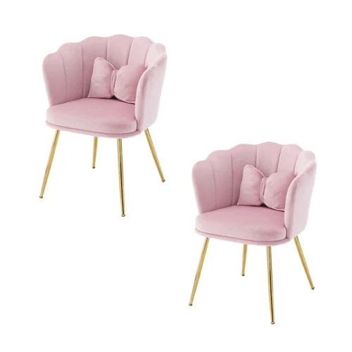 Eetkamerstoelen – Set van 2 - Velours Stoel – Lounge Stoel – Fluwelen Fauteuil – Design Fauteuil – Bloembladdesign – Ergonomisch Zitcomfort – Vergulde Metalen Poten - Roze