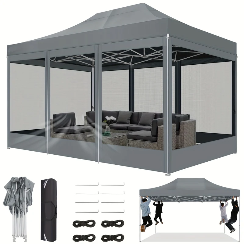 Partytent – Paviljoen – Opvouwbare Tent – Feesttent – Tuin Tent – 3x4,5m Pop-up – Met 4 Afneembare Mesh Zijwanden – Snelle Setup – Ademend & Beschermend