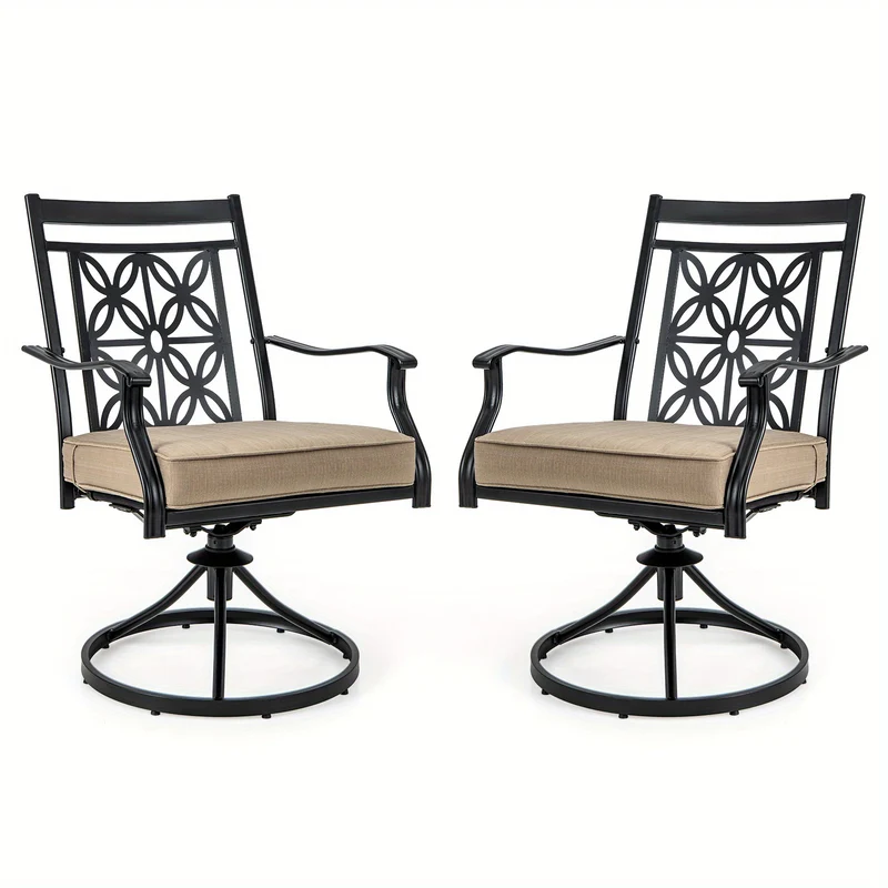 Patio Stoelen – Tuinstoelen – Balkonstoelen – Bistrostoelen – Draaistoelen – Metalen Frame – 360° Draaifunctie – Zachte Khaki Kussen