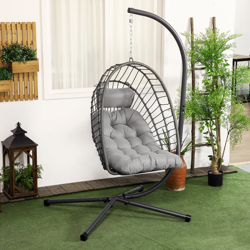Hangende Tuinstoel – Hangstoel – Schommelstoel – Relaxstoel – Mandstoel – Grijs – Stevig Met Metaal Frame – Dik Kussen 10 Cm