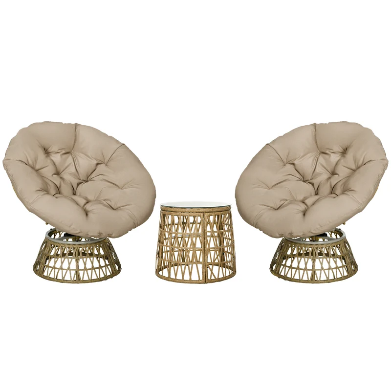 Patio Set – Loungeset – Fauteuilset – Tuinmeubelset – Buitenset – Draaibare Papasan Stoelen – Ronde Tafel – UV-Bestendig – Polyester Rattan – Bruin – 3-Delig – Incl. Kussens