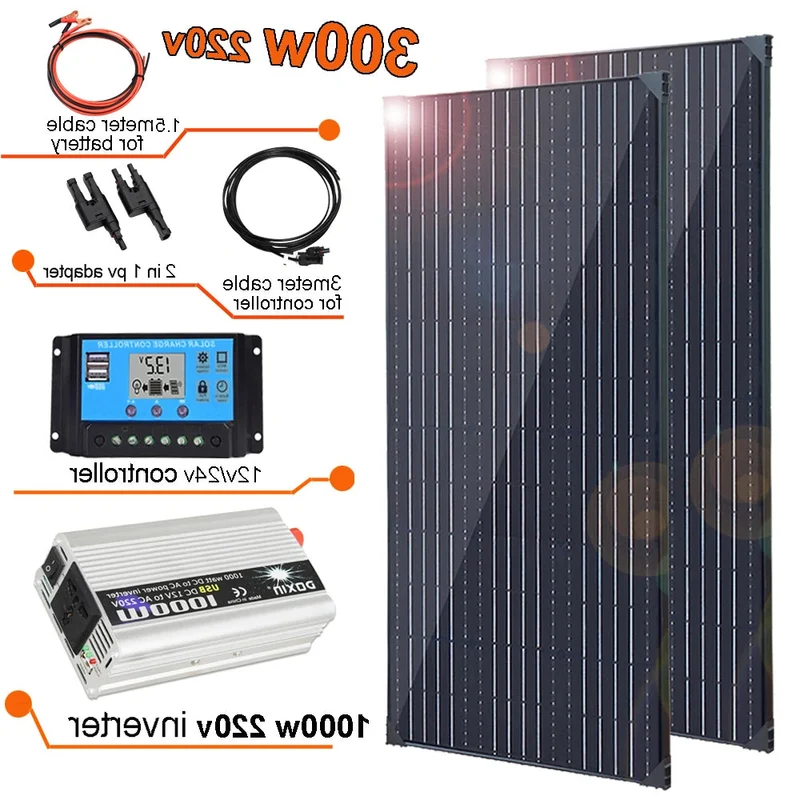 Zonnepaneel - Zonnepanelen - Zonne-energie - Zonne-kit - 12V Module - Aluminium Frame Lichtgewicht Fotovoltaïsch Paneelsysteem - 300W - 220V Inverter - Waterdicht - voor Boot - Camper - Caravan - RV - Tuin