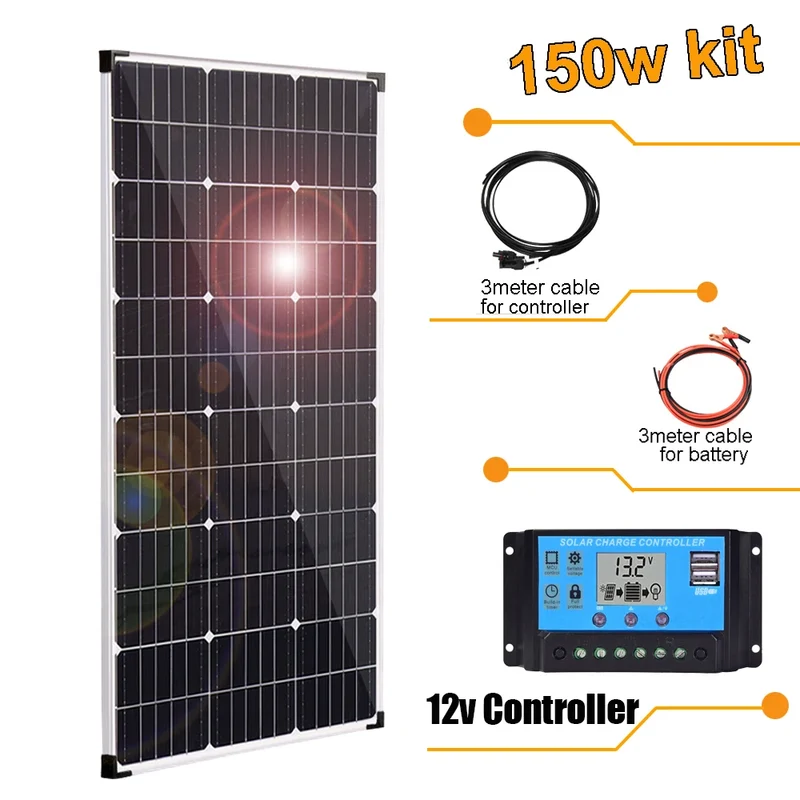 Zonnepaneel - Zonnepanelen - Zonne-energie - Zonne-kit - 12V Module - Aluminium Frame Lichtgewicht Fotovoltaïsch Paneelsysteem - 150W - Waterdicht - voor Boot - Camper - Caravan - RV - Tuin