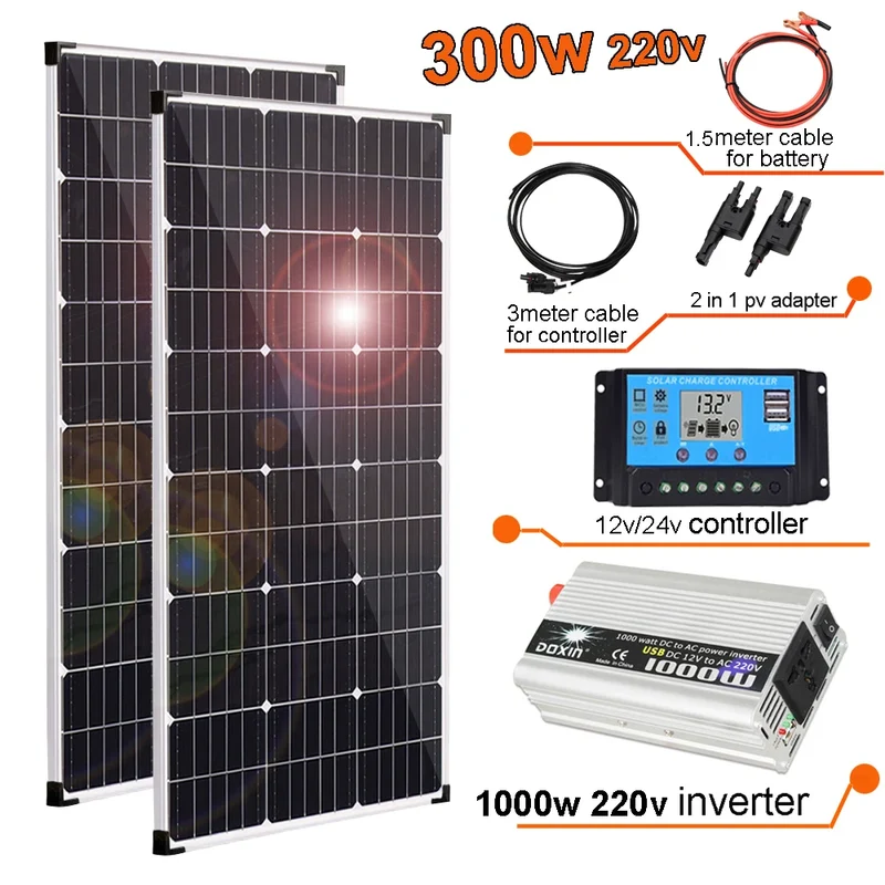 Zonnepaneel - Zonnepanelen - Zonne-energie - Zonne-kit - 12V Module - 300W - 2 Stuks - Aluminium Frame Lichtgewicht Fotovoltaïsch Paneelsysteem - 220V Inverter - Waterdicht - voor Boot - Camper - Caravan - RV - Tuin