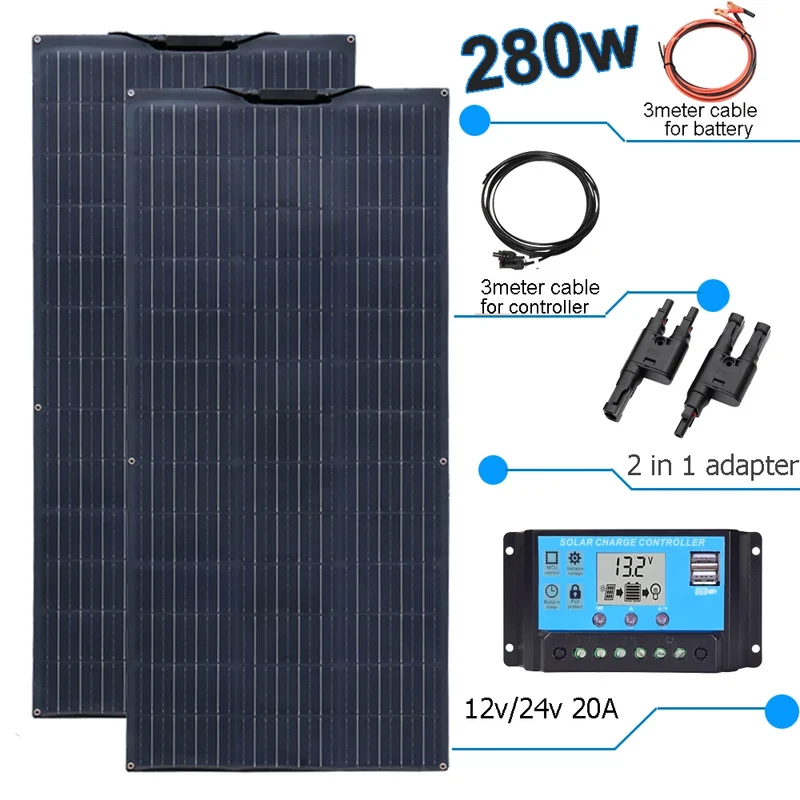 Zonnepaneel - Zonnepanelen - Zonne-energie - Zonne-kit - Fotovoltaïsch Paneelsysteem - 280W - Waterdicht - voor Boot - Camper - Caravan - RV - Tuin