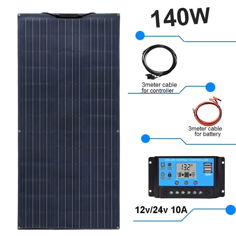 Zonnepaneel - Zonnepanelen - Zonne-energie - Zonne-kit - Fotovoltaïsch Paneelsysteem - 140W - Waterdicht - voor Boot - Camper - Caravan - RV - Tuin