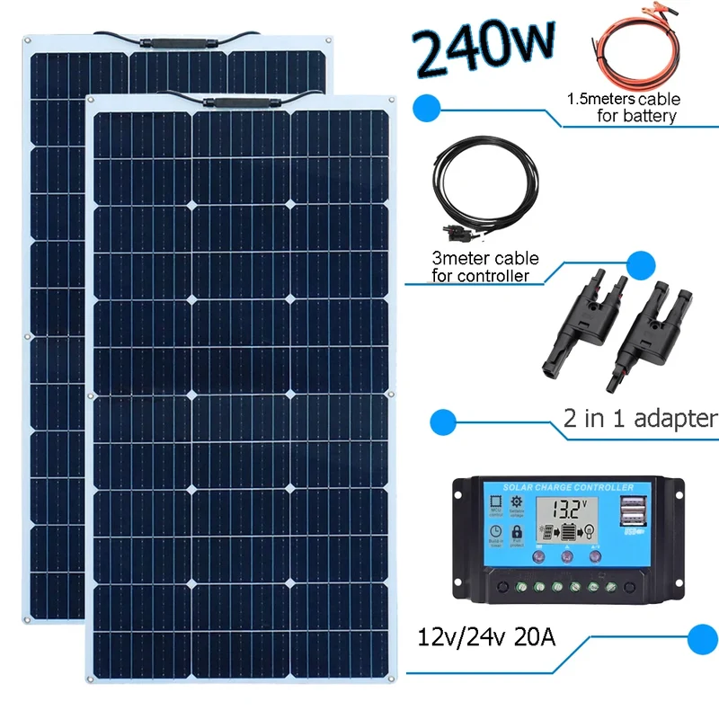 Zonnepaneel - Zonnepanelen - Zonne-energie - Zonne-kit - 12V Controller - Fotovoltaïsch Paneelsysteem - 240W - Waterdicht - voor Boot - Camper - Caravan - RV - Tuin