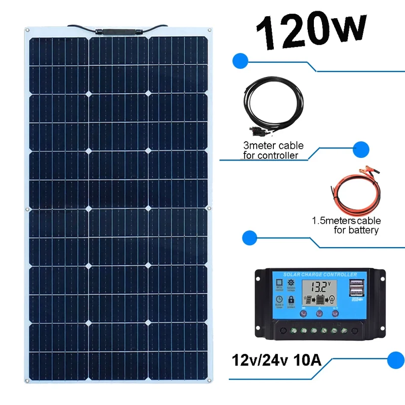 Zonnepaneel - Zonnepanelen - Zonne-energie - Zonne-kit - 12V Controller - Fotovoltaïsch Paneelsysteem - 120W - Waterdicht - voor Boot - Camper - Caravan - RV - Tuin