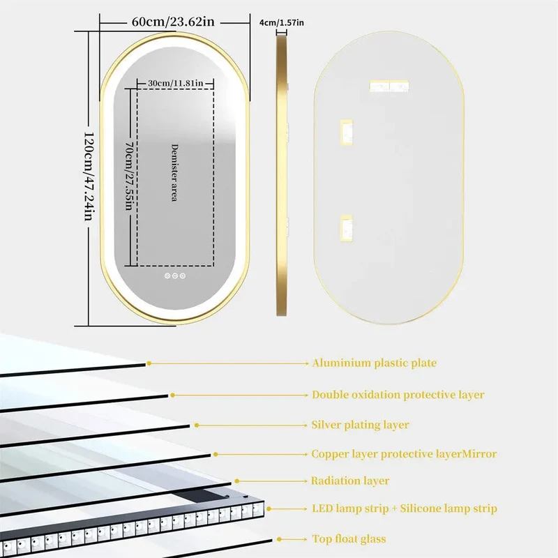 Badkamerspiegel – LED Spiegel – Ovale Spiegel – Gouden Spiegel – Anti-condens – Verstelbare Verlichting – Hoogwaardig Aluminium - 1200X600MM
