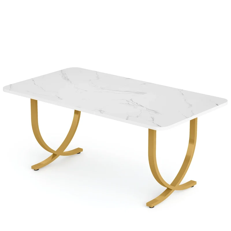 Eettafel – Tafel – Eetkamertafel – Bureau – Ontbijttafel – 160 Cm – Marmerlook – Gouden Metalen Poten - Wit