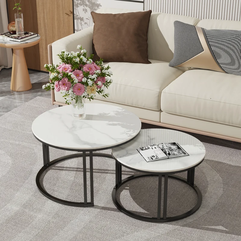 Salontafel Set – Bijzettafel – Nestbare Tafels – Woonkamertafel – Sintersteen Blad – Stevig Metalen Frame - Wit